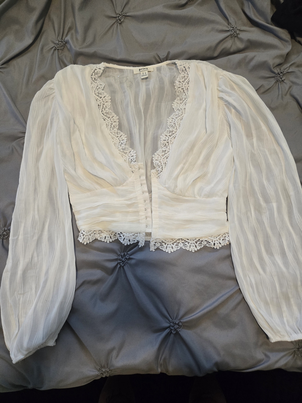 privy White Sheer Lace-Trim Crop Blouse